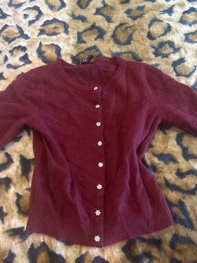 Marina Luna Burgundy Crewneck Cardigan with Flower Buttons